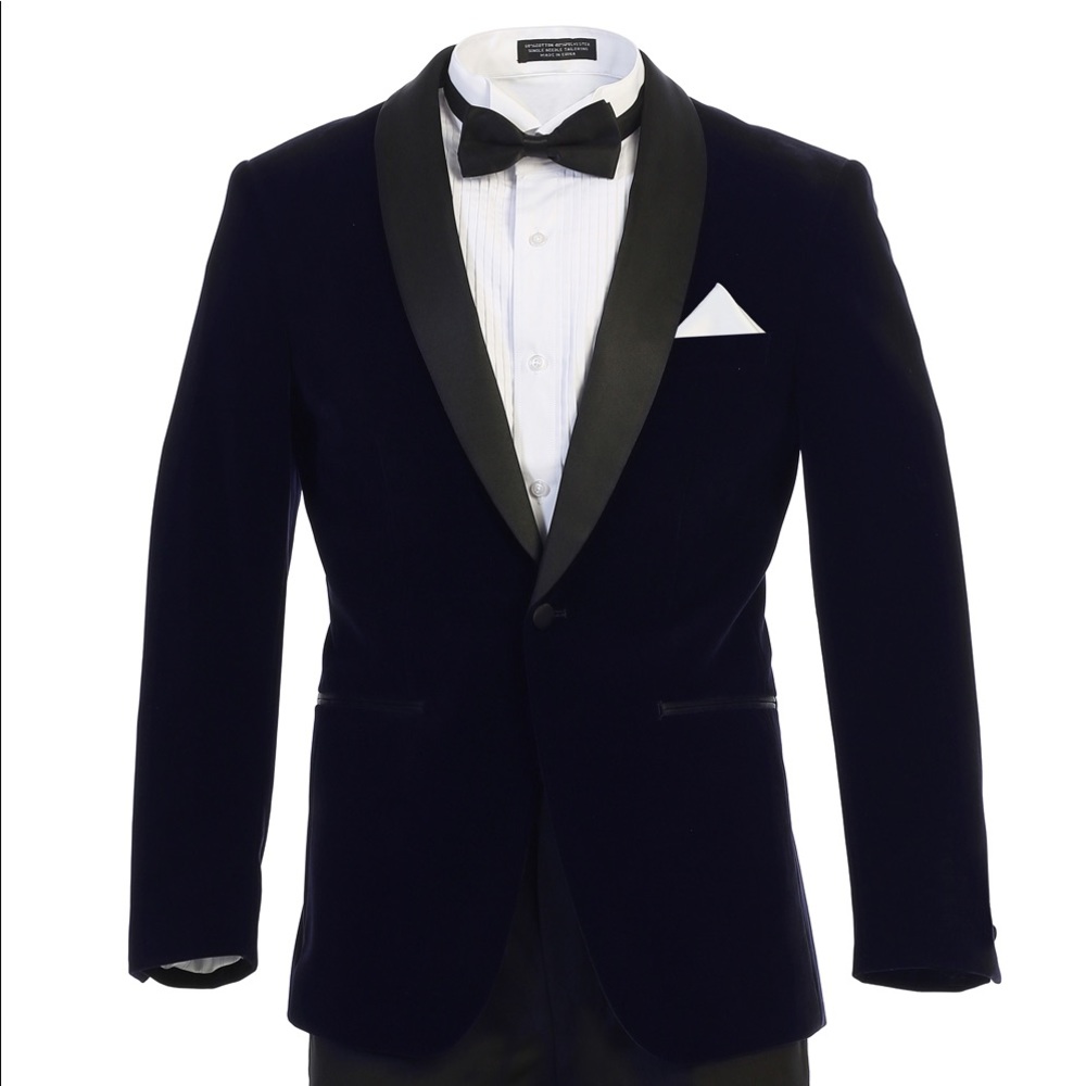 Men's Premium Slim Fit Navy Blue with Black Shawl Lapel Velvet Tuxedo Jacket
